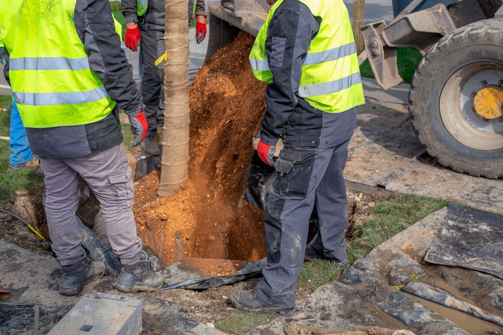A team of workers transplant a mature tree with heavy machinery.