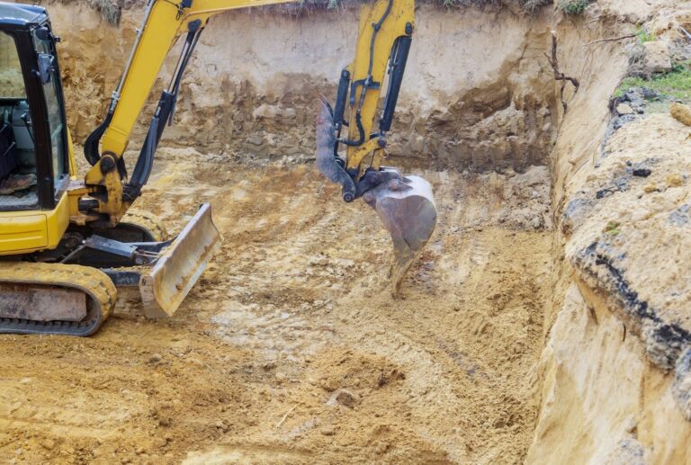 A large excavator clears tall trees to prepare the land.