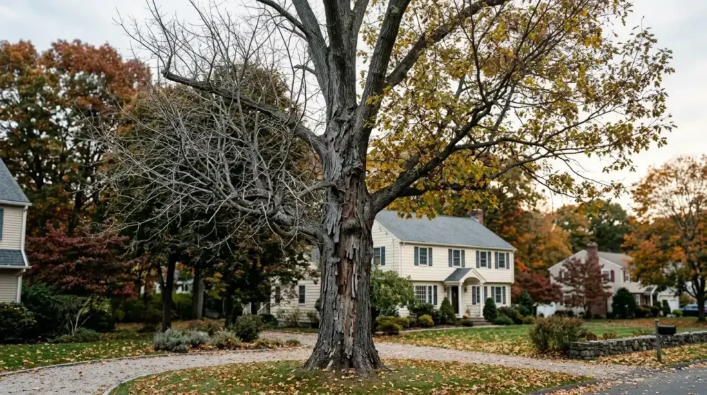 Dying tree with thinning canopy and bark loss in Connecticut