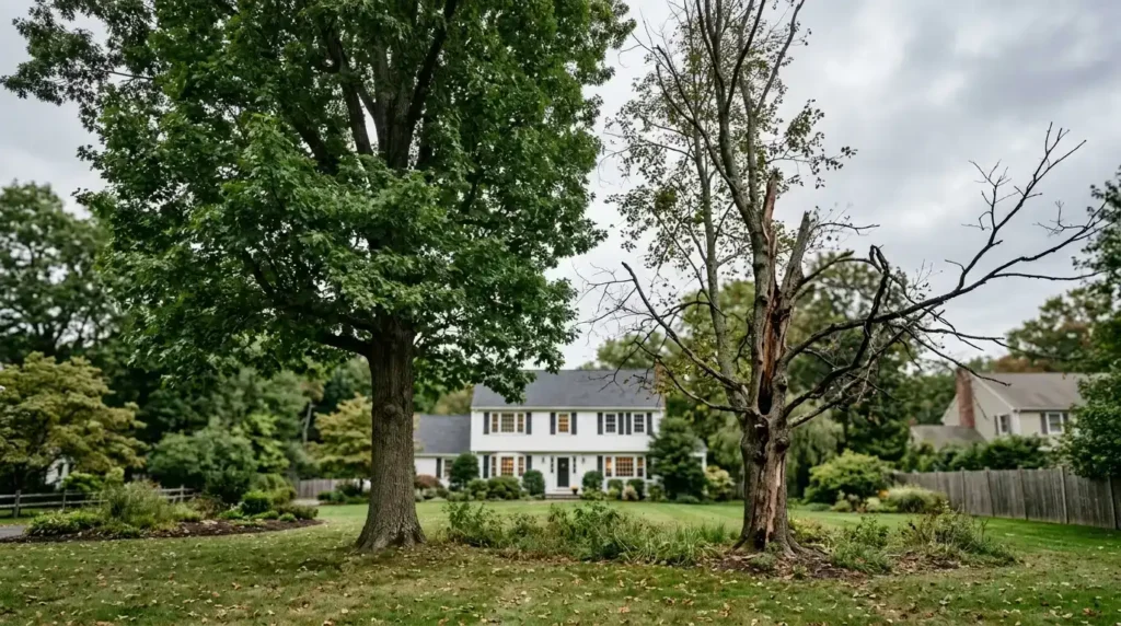Arborist deciding between tree removal and tree trimming in Connecticut