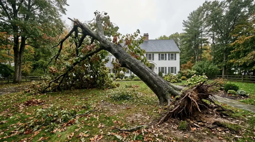 Tree leaning after a storm in Connecticut